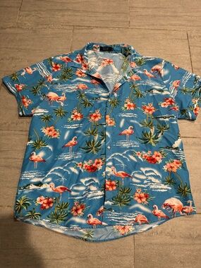 Hawaiian Short Sleeve Button Down Beach Summer Cruise Flamingos Palm Trees 2XL